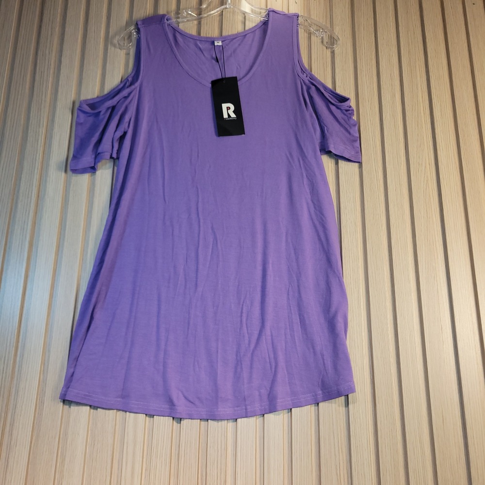 Ranmory Purple Cold Shoulder Short Sleeve Knit Top Medium Rayon Spandex Stretch